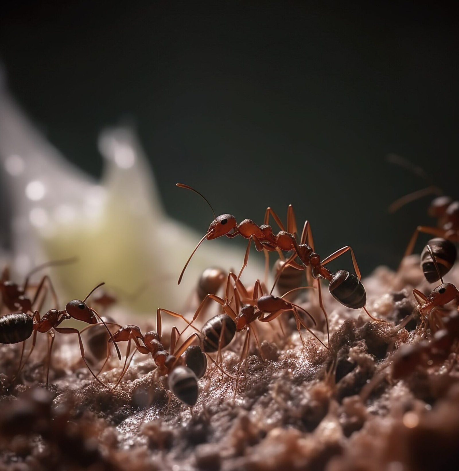 macro shot of several small ants colony Macro shot of a group of ants congregating in a colony, crawling around and over one another on a surface